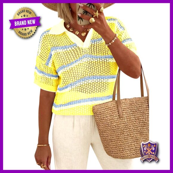 Crochet Knit Polo Collar V-Neck Short Sleeve Sweater Top Boho Chic Summer